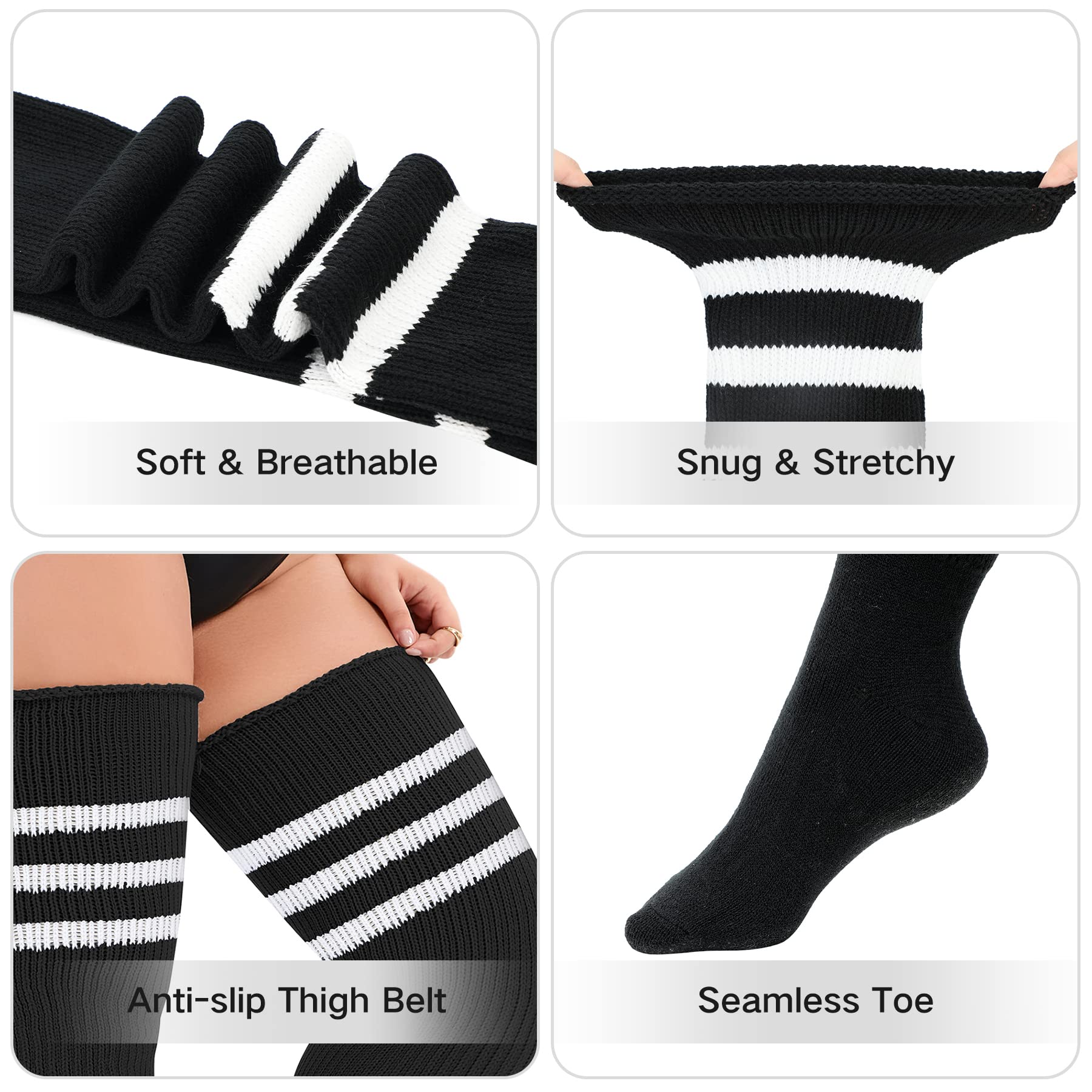 Zando Thigh High Stockings Plus Size Non Slip Socks for Women Striped Socks Women Knee High Socks Leg Warmers Plus Size Long Athletic Socks Women Softball Socks Black & White StripesOne Size