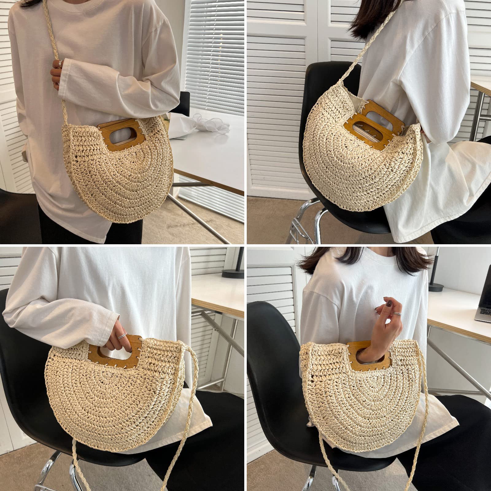 QTKJ Summer Beach bag, Hand Made Straw Beach Bag Semicircle Shape Tote Bag, Zip Opening Large Capacity Designer Handbags for Women Shoulder Messenger Bag(Beige)