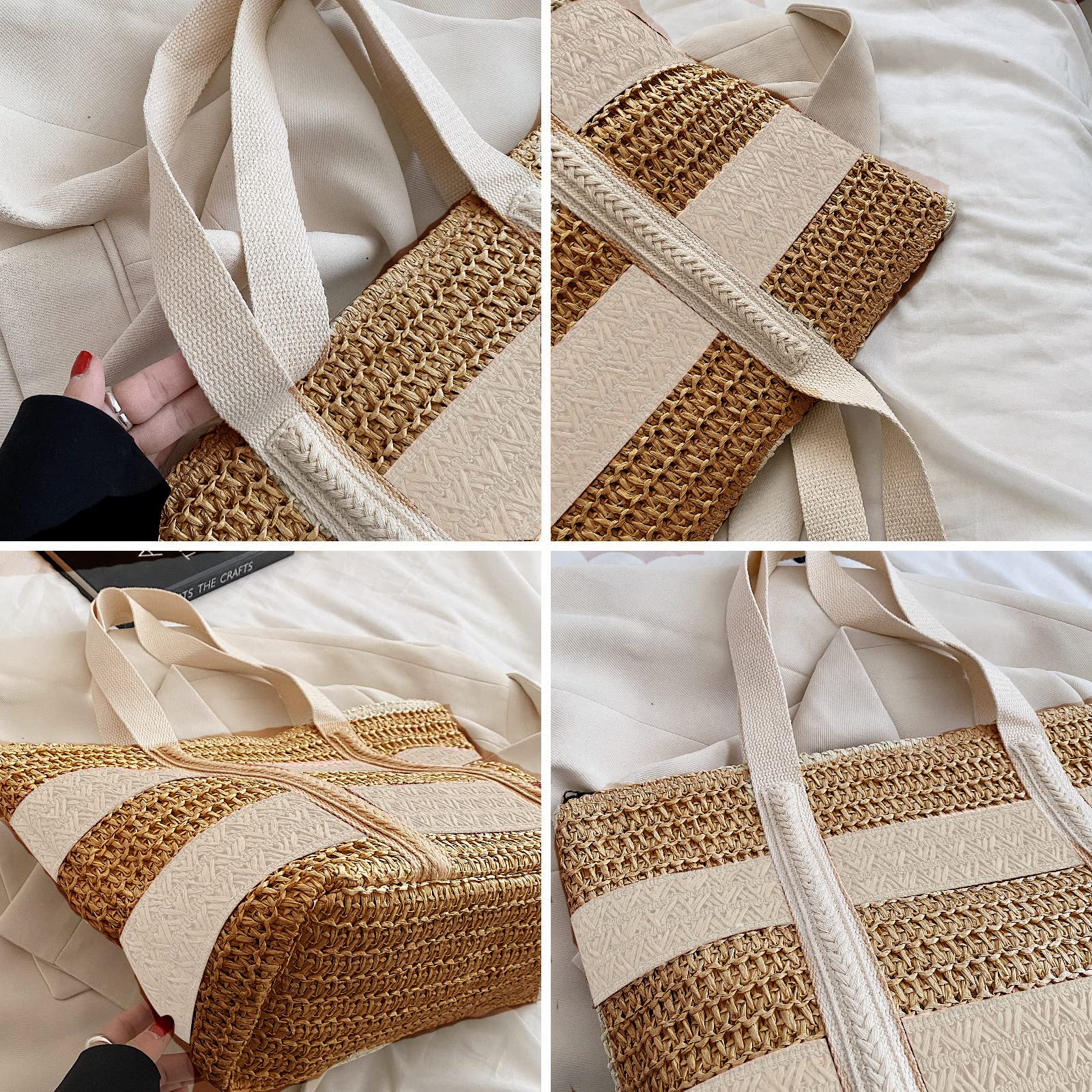 QTKJ Straw Bag, Beach Bags for Women, Soft Woven Beach Tote Canvas Shoulder Strap, Handmade Rattan Handbag for Vacation, Travel and Daily(Khaki Stripes)