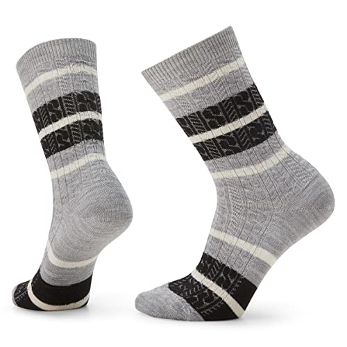 Smartwool Everyday Zero Cushion Merino Wool Striped Cable Crew Socks for Men and Women, Light Gray, Large