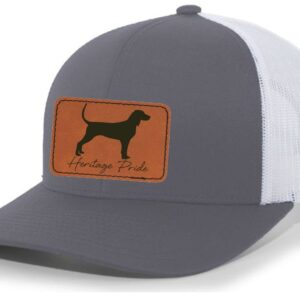 Heritage Pride Canine Collection Bluetick Coonhound Hunting Dog Mens Engraved Leather Patch Mesh Back Trucker Hat, Charcoal/White