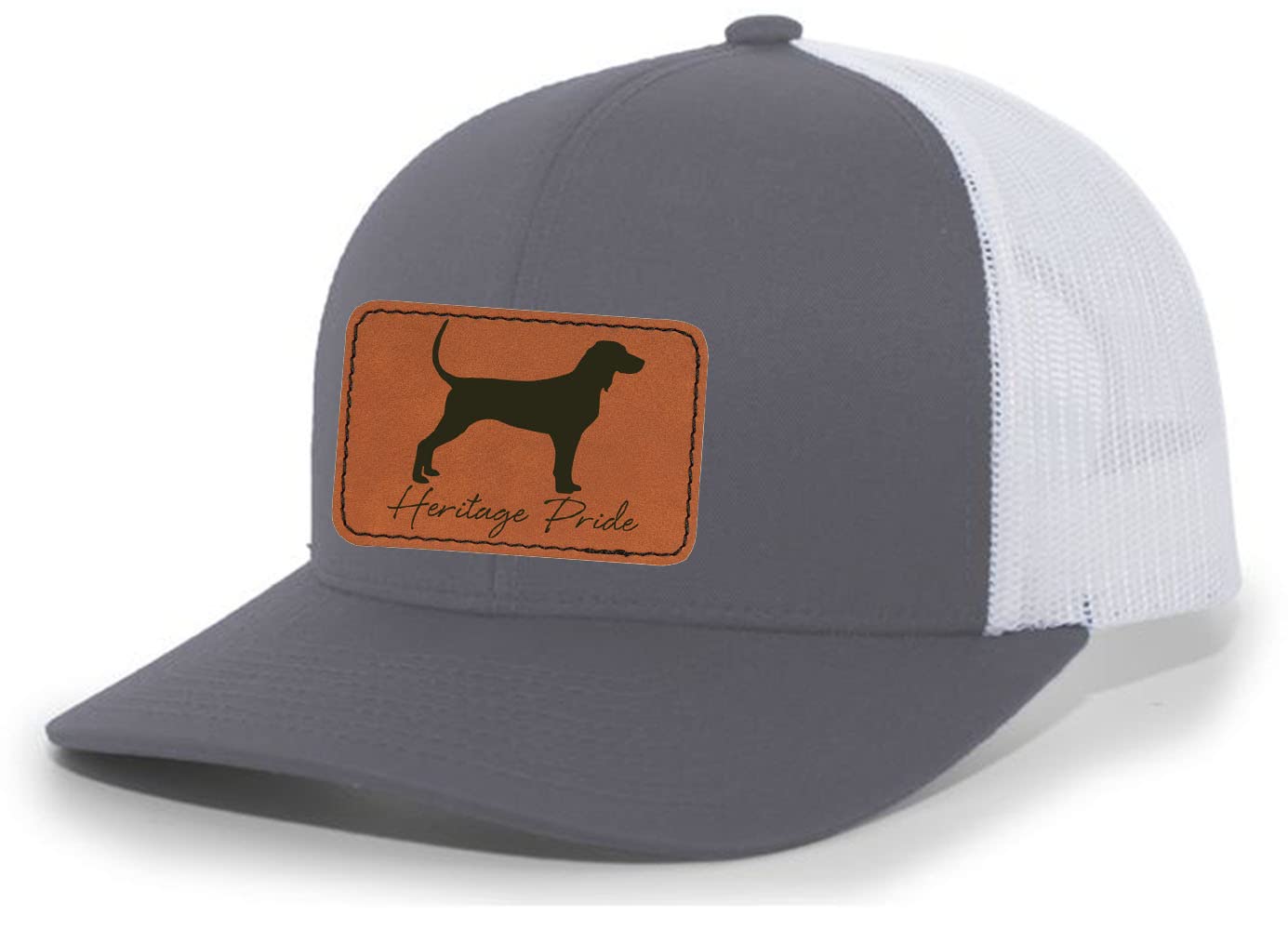 Heritage Pride Canine Collection Bluetick Coonhound Hunting Dog Mens Engraved Leather Patch Mesh Back Trucker Hat, Charcoal/White