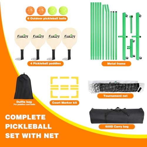 Fostoy Pickleball Net Set with Wheels, 22 FT Regulation Size, 4 Paddles & 6 Pickleballs, Carrying Bag, Steady Metal Frame and 18-ply PE Net for All Weather Conditions Outdoor Indoor (Green)