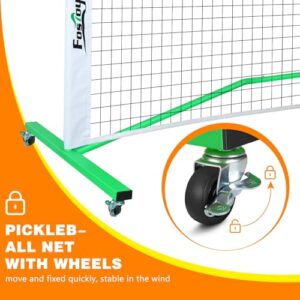 Fostoy Pickleball Net Set with Wheels, 22 FT Regulation Size, 4 Paddles & 6 Pickleballs, Carrying Bag, Steady Metal Frame and 18-ply PE Net for All Weather Conditions Outdoor Indoor (Green)