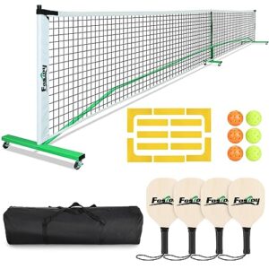 fostoy pickleball net set with wheels, 22 ft regulation size, 4 paddles & 6 pickleballs, carrying bag, steady metal frame and 18-ply pe net for all weather conditions outdoor indoor (green)