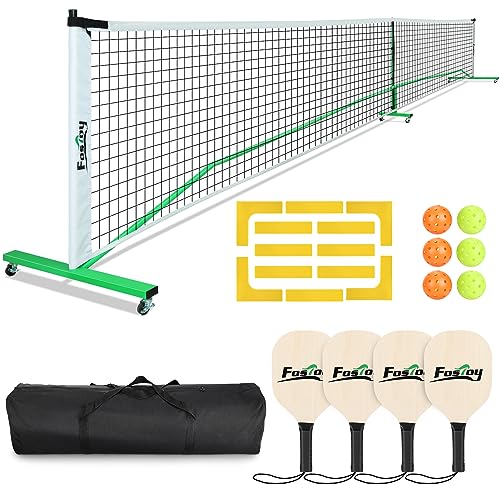 Fostoy Pickleball Net Set with Wheels, 22 FT Regulation Size, 4 Paddles & 6 Pickleballs, Carrying Bag, Steady Metal Frame and 18-ply PE Net for All Weather Conditions Outdoor Indoor (Green)