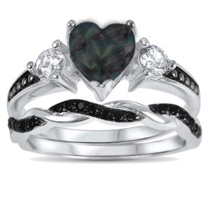 His Hers Wedding Ring Set TRIO 3 PCS Simulated Black Topaz Bridal Set Silver Black Titanium Him Her 10/11