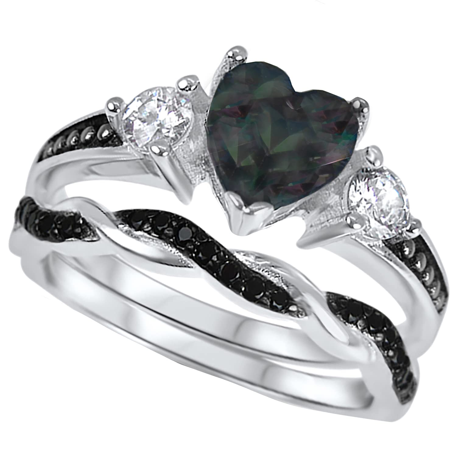 His Hers Wedding Ring Set TRIO 3 PCS Simulated Black Topaz Bridal Set Silver Black Titanium Him Her 10/11