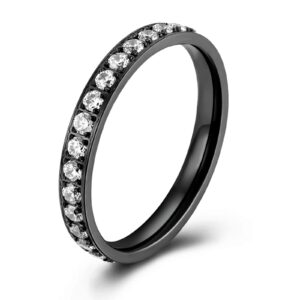 Mesnt Wedding Rings for Women, Stainless Steel 3MM Thin Stackable Pinky Ring Inlay with Row Cubic Zirconia for Women Black, Size 9