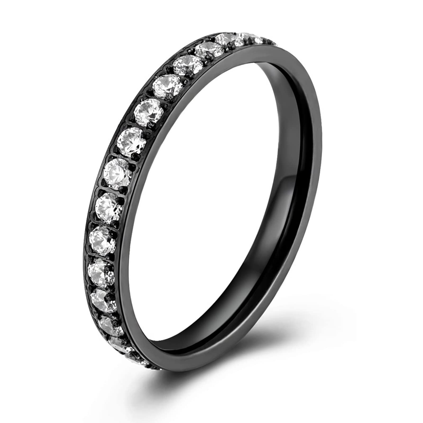 Mesnt Wedding Rings for Women, Stainless Steel 3MM Thin Stackable Pinky Ring Inlay with Row Cubic Zirconia for Women Black, Size 9