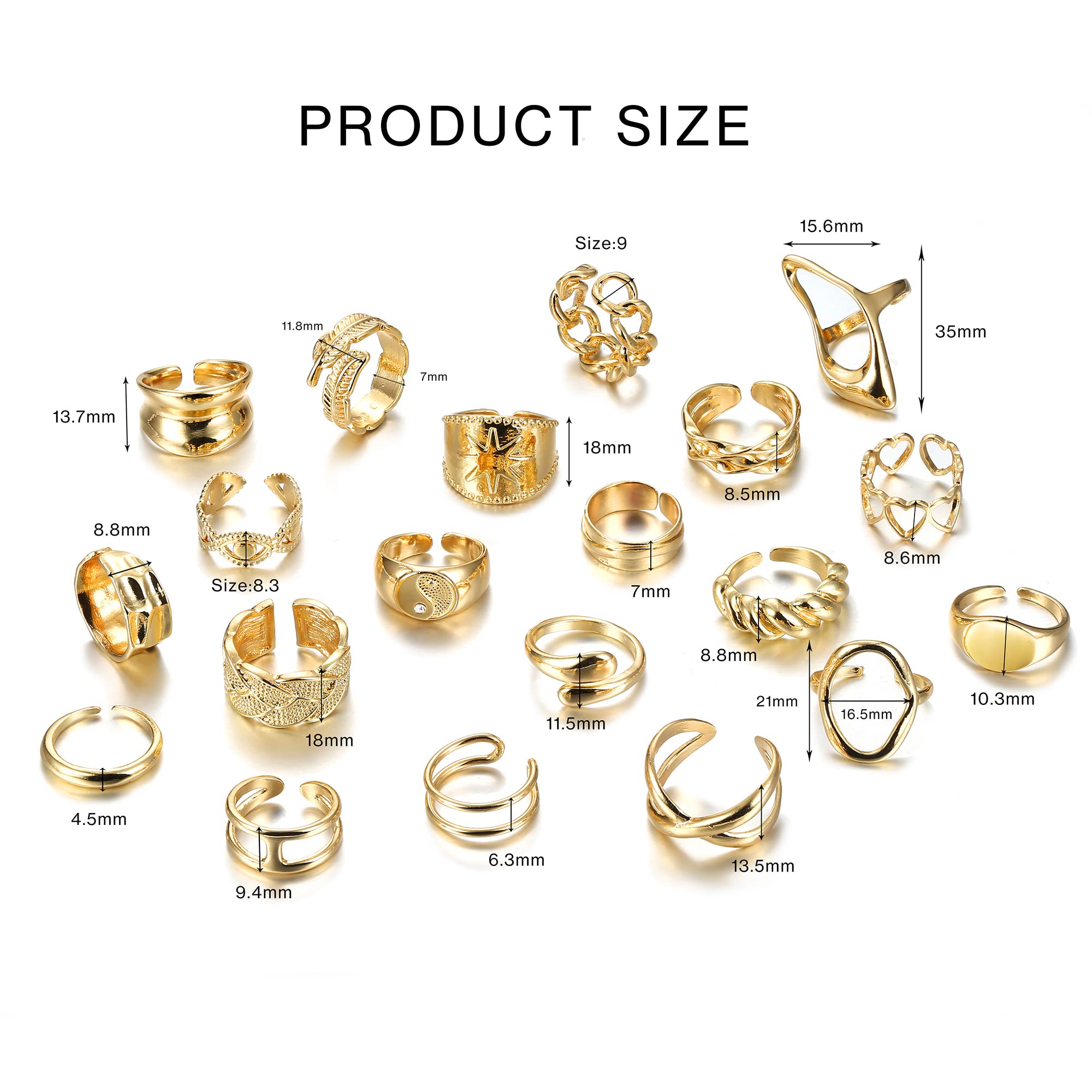 FIBO STEEL 20 Pcs Gold Chunky Rings for Women 18K Gold Plated Ring Set Dome Thick Open Rings Adjustable