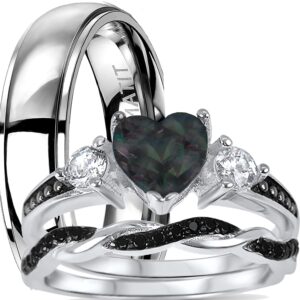 His Hers Wedding Ring Set TRIO 3 PCS Simulated Black Topaz Bridal Set Silver Black Titanium Him Her 10/11