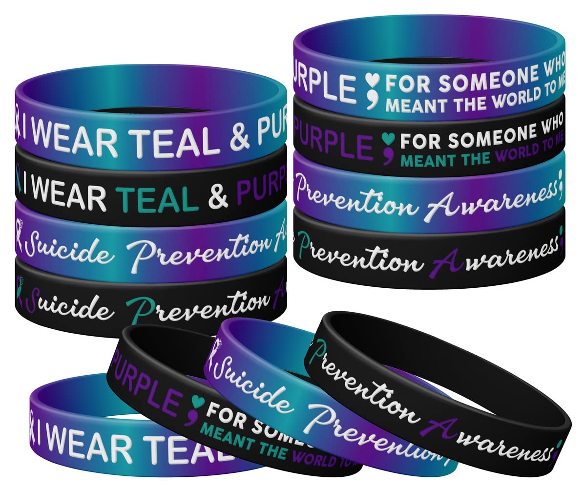 Suicide Prevention Awareness Silicone Wristband Bracelet, I Wear Teal & Purple for Someone Who Meant The World to Me Wristband Bracelet, Stretch Wristbands Unisex Size for Women Men Teen (12-pack)