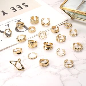 FIBO STEEL 20 Pcs Gold Chunky Rings for Women 18K Gold Plated Ring Set Dome Thick Open Rings Adjustable