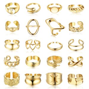 FIBO STEEL 20 Pcs Gold Chunky Rings for Women 18K Gold Plated Ring Set Dome Thick Open Rings Adjustable