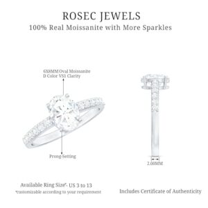 Rosec Jewels Certified Moissanite 6X8 MM Oval Engagement Ring for Women, D-VS1 Quality, Oval Cut Engagement Ring - Ready To Gift, 14K White Gold, Size:US 6.00