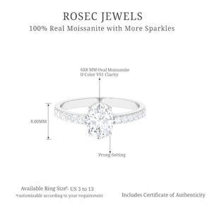 Rosec Jewels Certified Moissanite 6X8 MM Oval Engagement Ring for Women, D-VS1 Quality, Oval Cut Engagement Ring - Ready To Gift, 14K White Gold, Size:US 6.00