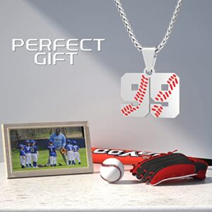 Personalized Baseball Necklaces Baseball Jersey Number 00-99 Necklace Stainless Steel Baseball Chain Pendant Necklace Baseball Team Jewelry Gift for Boys Girls Men Women (99)