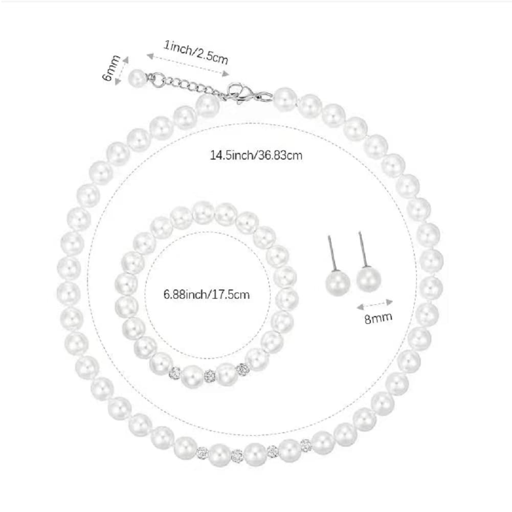 LZMEI White 8mm Glass Pearls Necklace Bracelet Earring Jewelry 3 Set Wholesale for Women Girls (14.5inch)