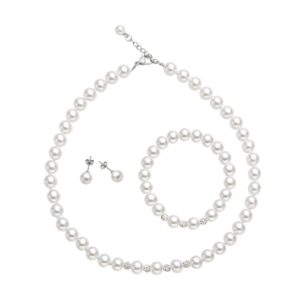 LZMEI White 8mm Glass Pearls Necklace Bracelet Earring Jewelry 3 Set Wholesale for Women Girls (14.5inch)