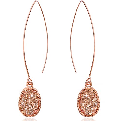 Rose Gold Earrings for Women - Boho Earrings for Women Dangling, Rose Gold Threader Earrings, Rose Gold Earrings for Women Dangling, Rose Gold Tone Simulated Druzy Threader Earrings for Women Trendy