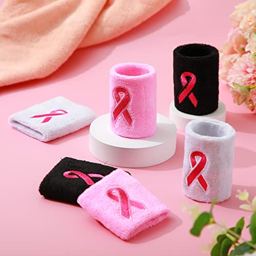 36 Pack Pink Ribbon Wristbands Breast Cancer Awareness Sweatband for Women Men Youth Sports Fan Wristbands for Football Basketball Baseball Running Athletic(Pink, Black, White)