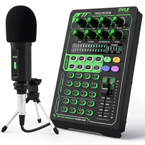 Pyle Portable Bluetooth Live Broadcast Sound Card Pro Audio Interface DJ mixer Condenser w/Microphone Set, for Streaming podcasts Studio, Recording PC, Gaming, Phone, w/FX, Ambient Sounds - PKSCRD308