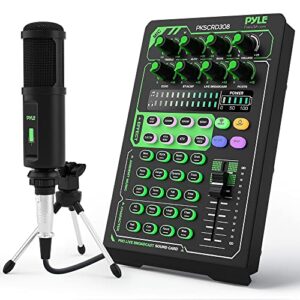 Pyle Portable Bluetooth Live Broadcast Sound Card Pro Audio Interface DJ mixer Condenser w/Microphone Set, for Streaming podcasts Studio, Recording PC, Gaming, Phone, w/FX, Ambient Sounds - PKSCRD308