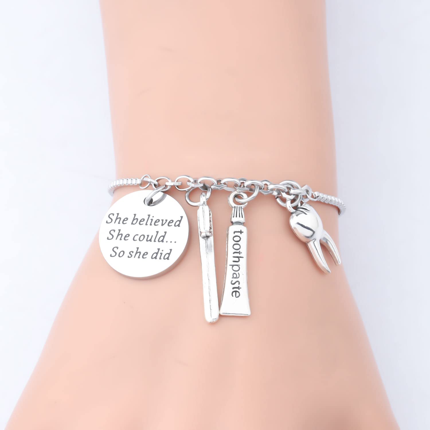 PLITI Dentist Bracelet Dental Hygienist DA DH Graduation Gift She Believed She Could So She Did Bangle for Dental Assistant (she believed tooth bg)