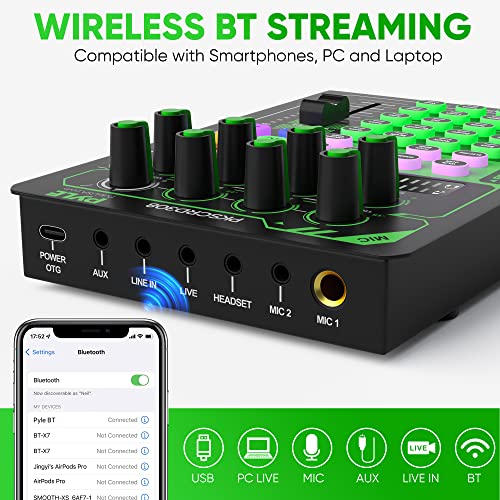 Pyle Portable Bluetooth Live Broadcast Sound Card Pro Audio Interface DJ mixer Condenser w/Microphone Set, for Streaming podcasts Studio, Recording PC, Gaming, Phone, w/FX, Ambient Sounds - PKSCRD308