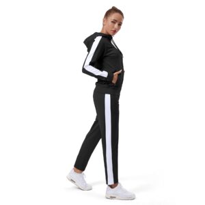 TEZO Womens Full Zip-Up Hoodie Tracksuit Set Long Sleeve Casual Jogging Suits Workout Gym 2 Piece Outfits with Pockets(BKWT XL)