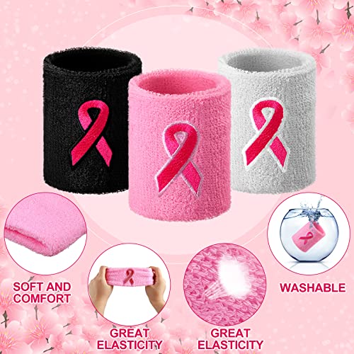 36 Pack Pink Ribbon Wristbands Breast Cancer Awareness Sweatband for Women Men Youth Sports Fan Wristbands for Football Basketball Baseball Running Athletic(Pink, Black, White)