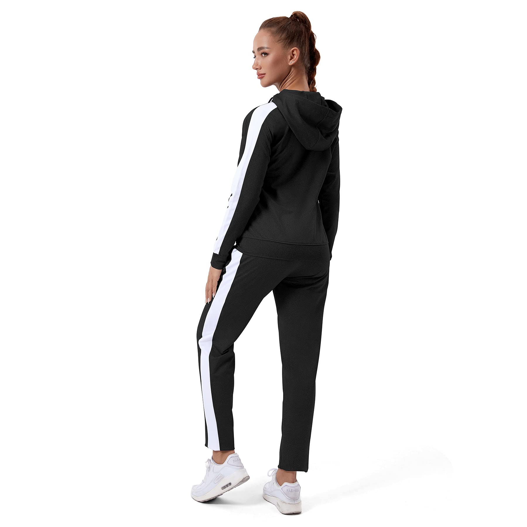 TEZO Womens Full Zip-Up Hoodie Tracksuit Set Long Sleeve Casual Jogging Suits Workout Gym 2 Piece Outfits with Pockets(BKWT XL)