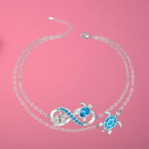 Turtle Anklet Blue Opal Sea Turtle Ankle Bracelets for Women Sterling Silver Infinity Wave Ocean Beach Summer Foot Bracelet Jewelry Layered Adjustable