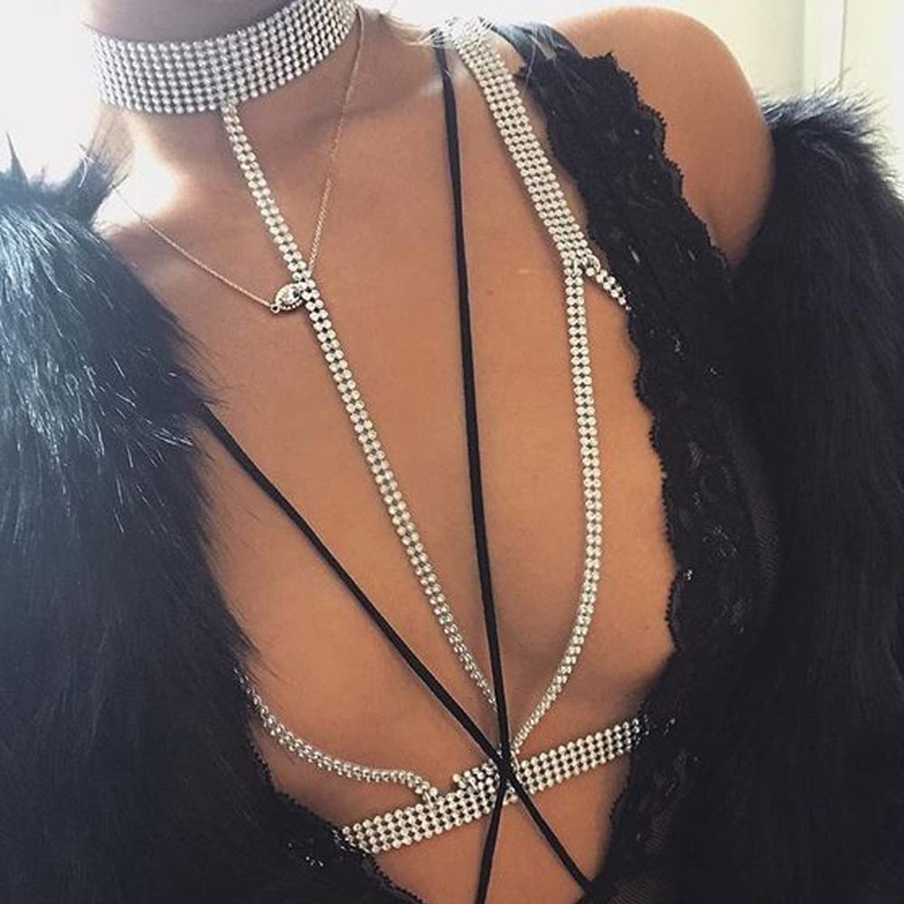 Rumtock Sparkly Rhinestones Silver Choker with Body Chain Bikini Nightclub Waist Chain for Women Girls Punk Body Jewelry