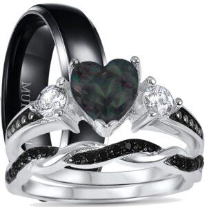 His Hers Wedding Ring Set TRIO 3 PCS Simulated Black Topaz Bridal Set Silver Black Titanium Him Her 11/12