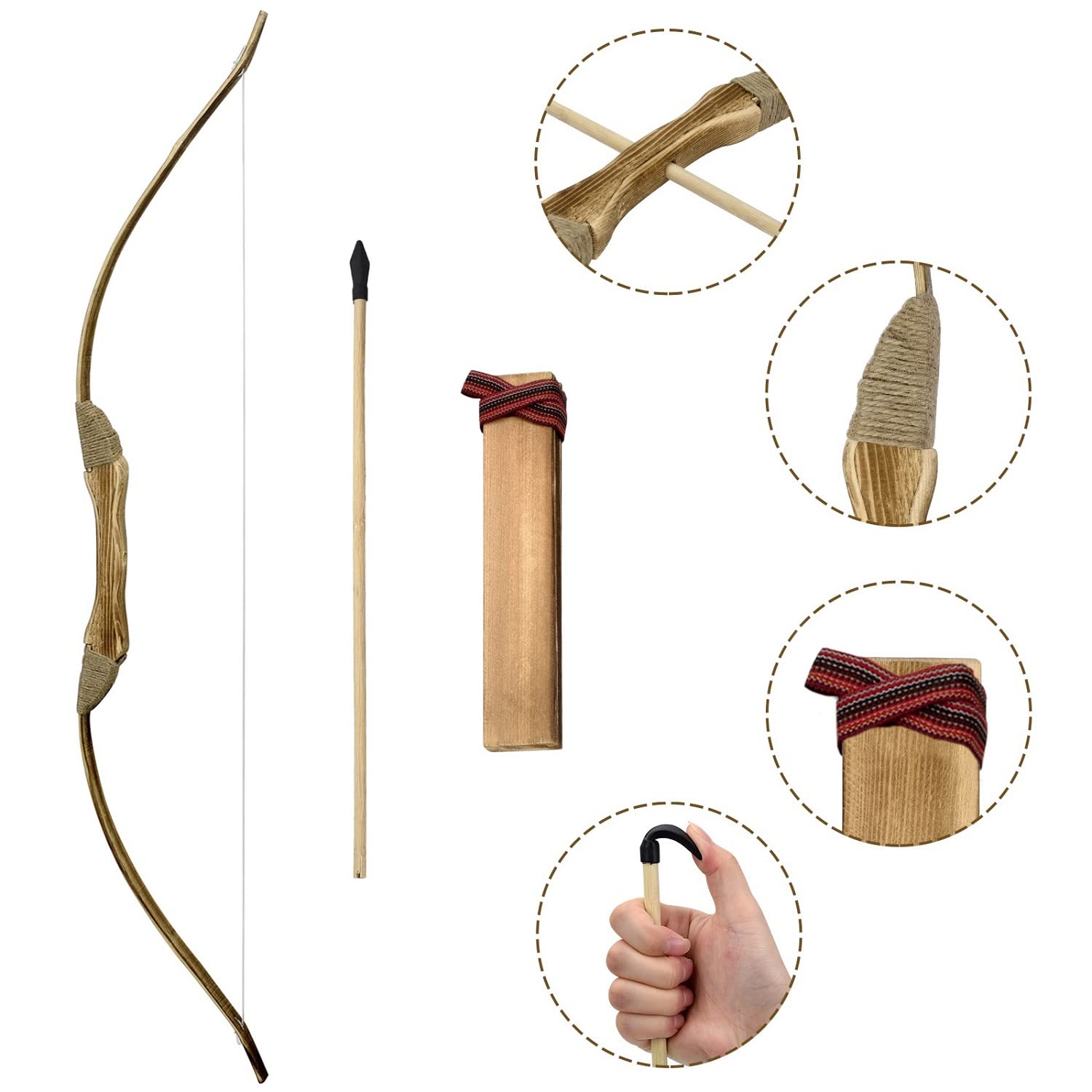 Wooden Bow and Arrow Set for Kids, 1 Bows 1 Quivers and 10 Wood Arrows, 32 Inch Handmade Archery Set Outdoor and Indoor Games Toys, Gifts for Kids Youth Boys and Girls