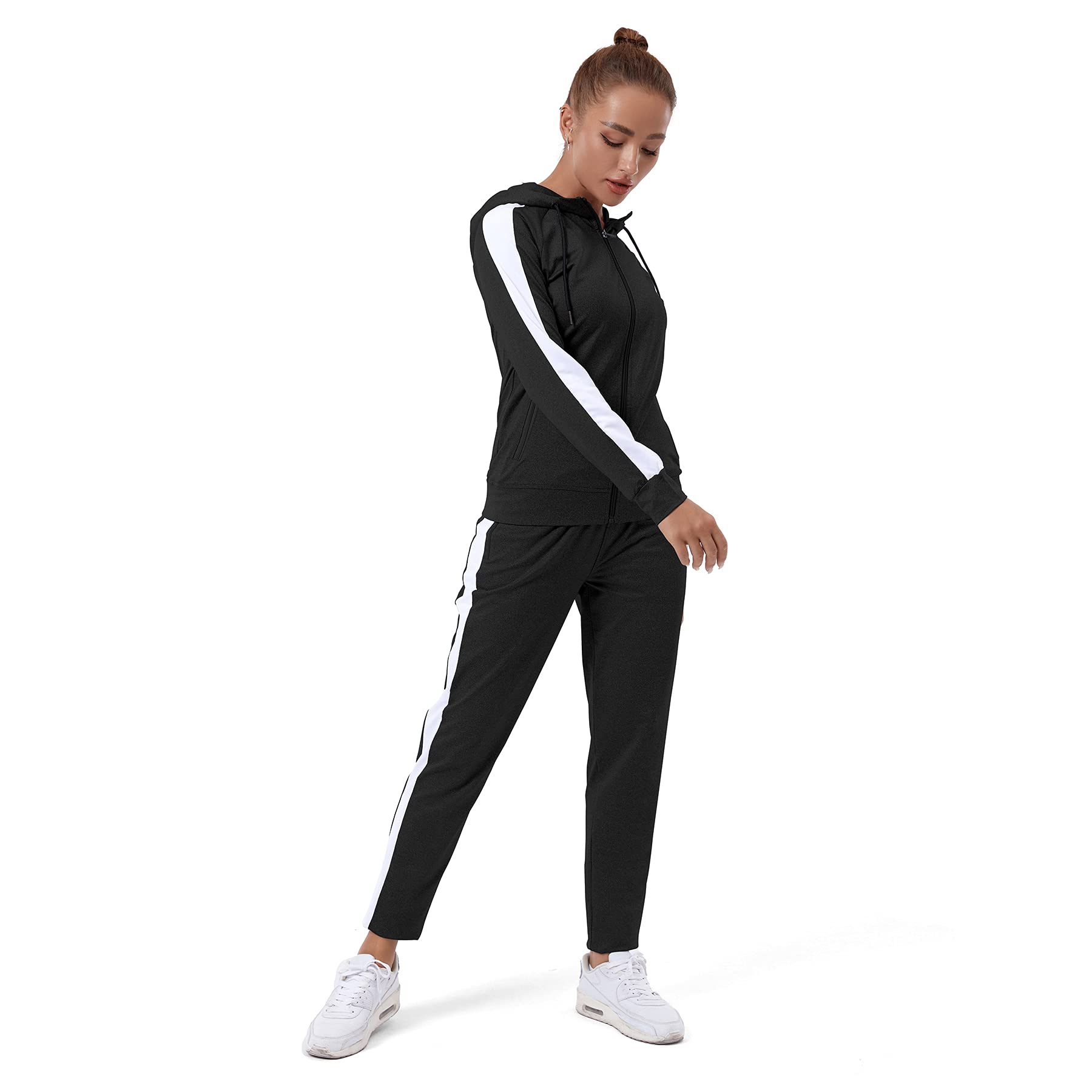 TEZO Womens Full Zip-Up Hoodie Tracksuit Set Long Sleeve Casual Jogging Suits Workout Gym 2 Piece Outfits with Pockets(BKWT XL)