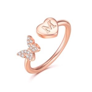 glishiver initial rings for women teen girls, rose gold plated butterfly capital letter initial rings for women teens girls letter rings alphabet rings for girls teen girls (m)