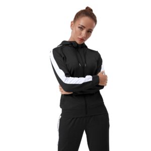 TEZO Womens Full Zip-Up Hoodie Tracksuit Set Long Sleeve Casual Jogging Suits Workout Gym 2 Piece Outfits with Pockets(BKWT XL)