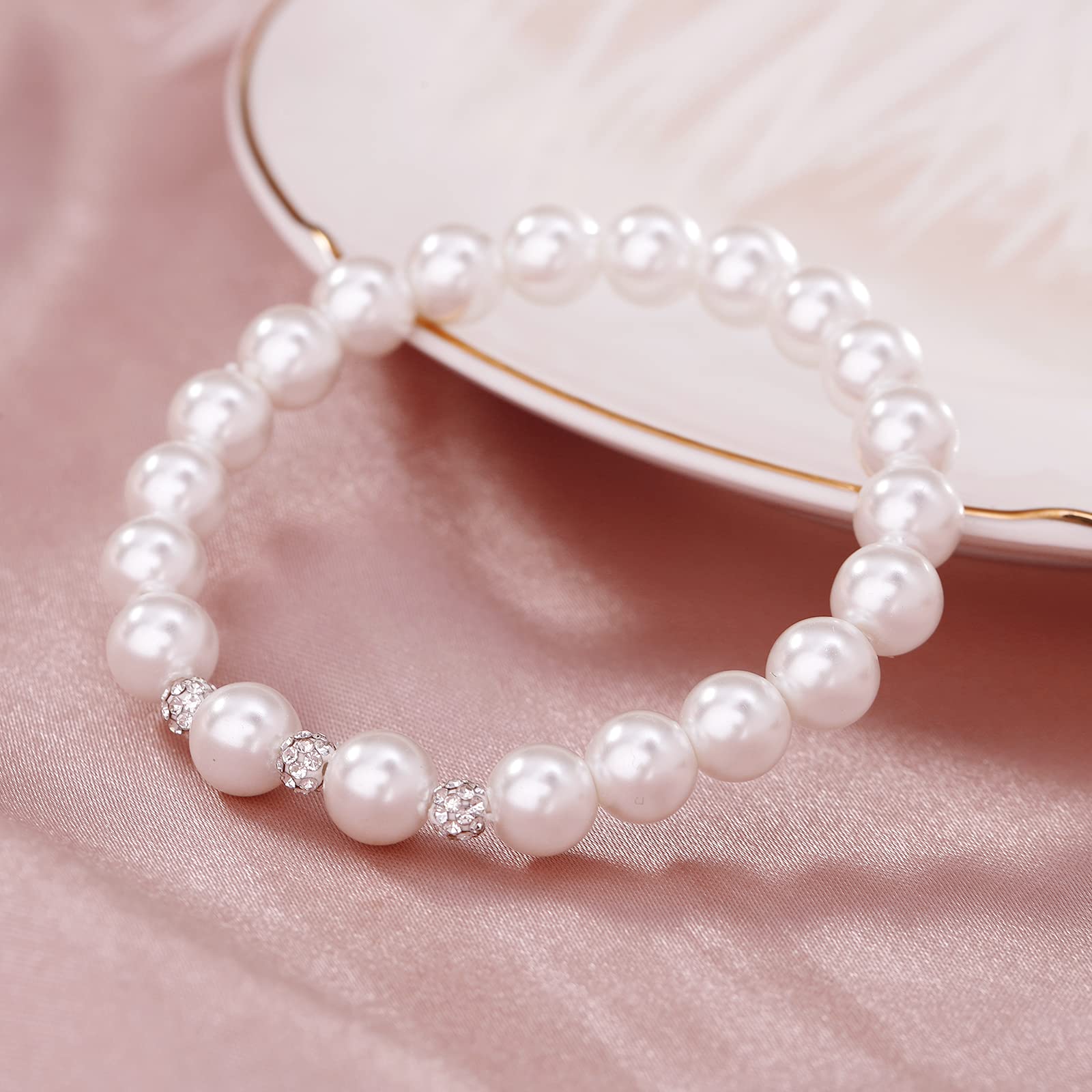 LZMEI White 8mm Glass Pearls Necklace Bracelet Earring Jewelry 3 Set Wholesale for Women Girls (14.5inch)