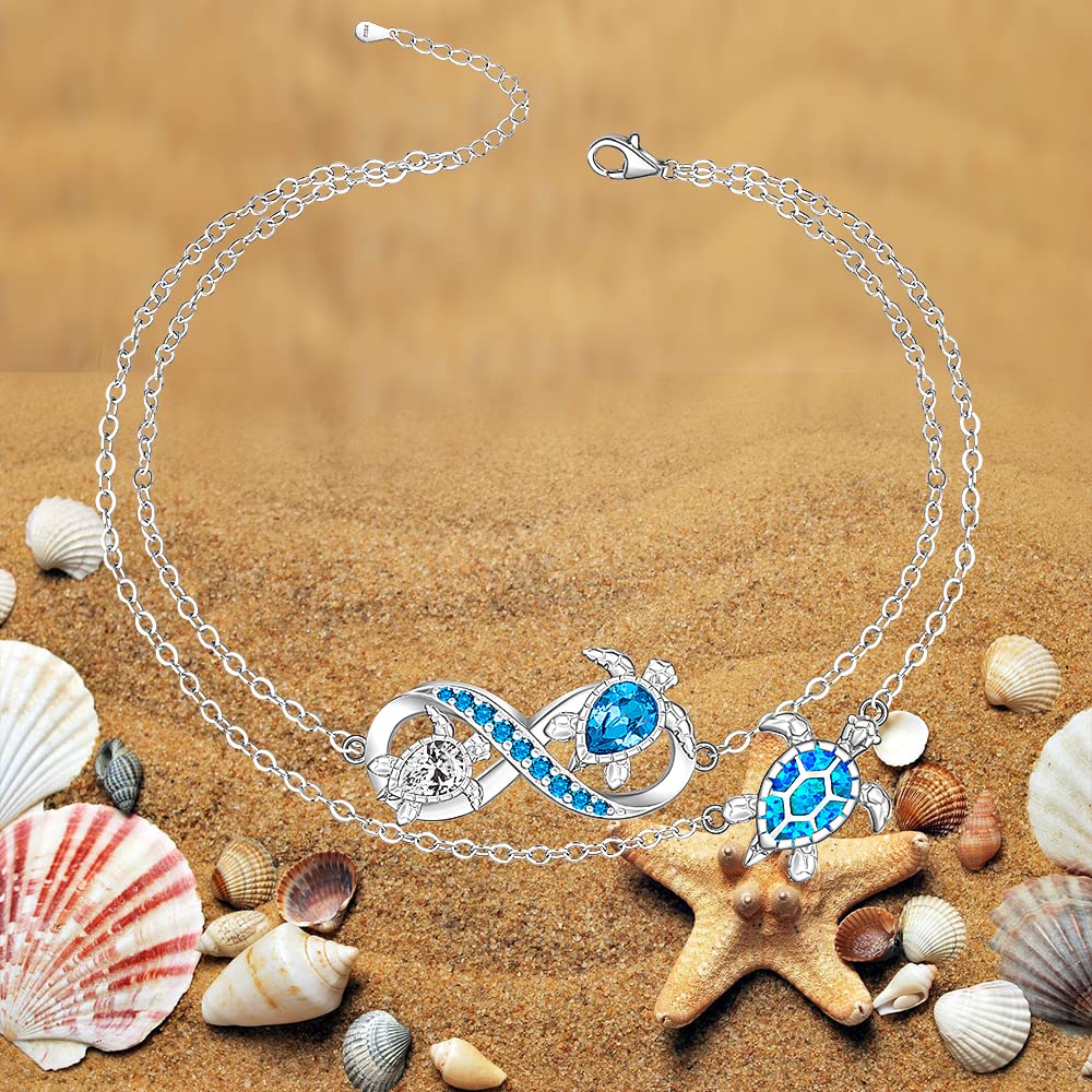 Turtle Anklet Blue Opal Sea Turtle Ankle Bracelets for Women Sterling Silver Infinity Wave Ocean Beach Summer Foot Bracelet Jewelry Layered Adjustable