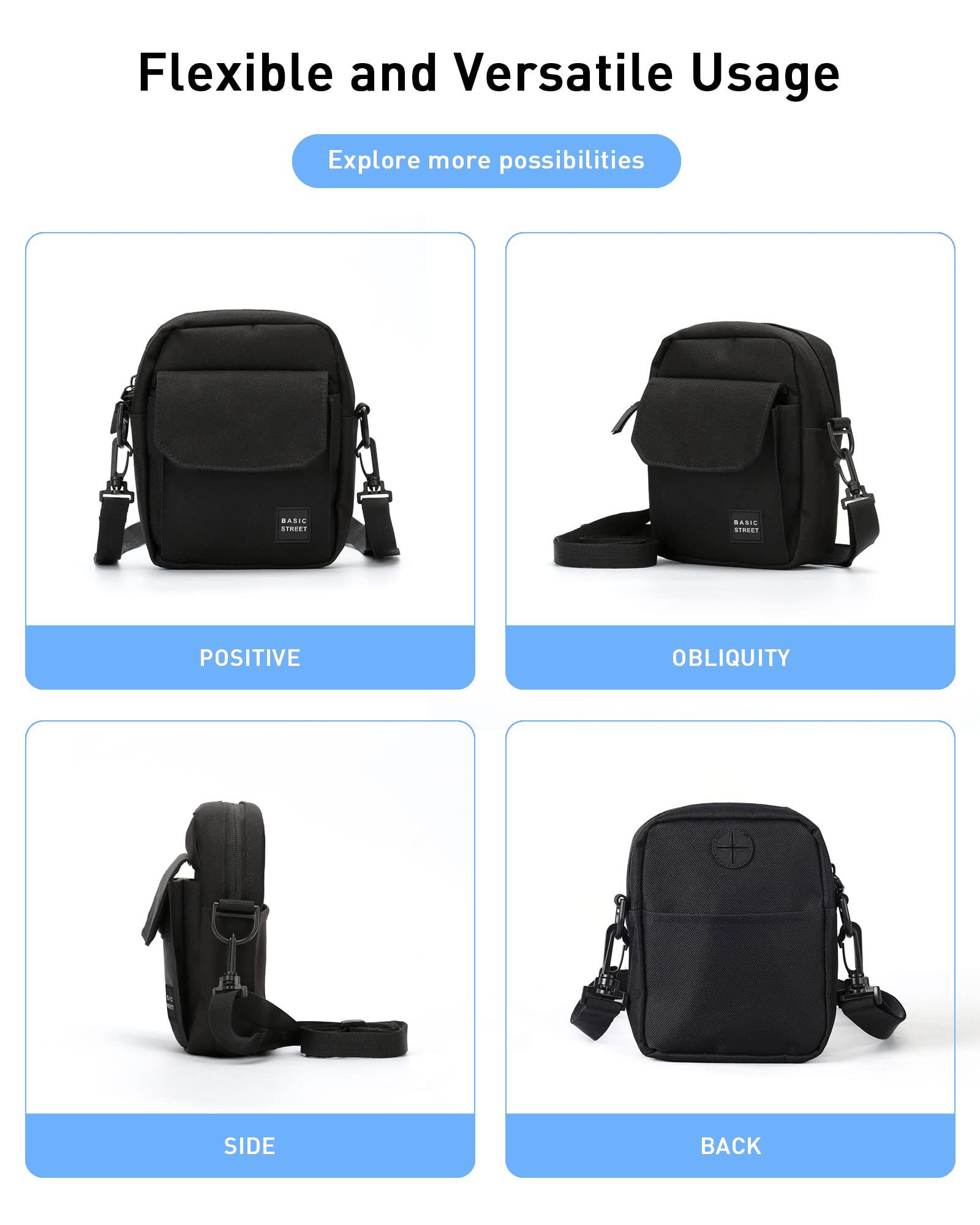 Black Small Side Shoulder Bag Crossbody Bag For Men Women Mini Messenger Bag Satchel Travel Purse Passport Holder Bag, Cell Phone Purse Neck Pouch Wallet- Unisex