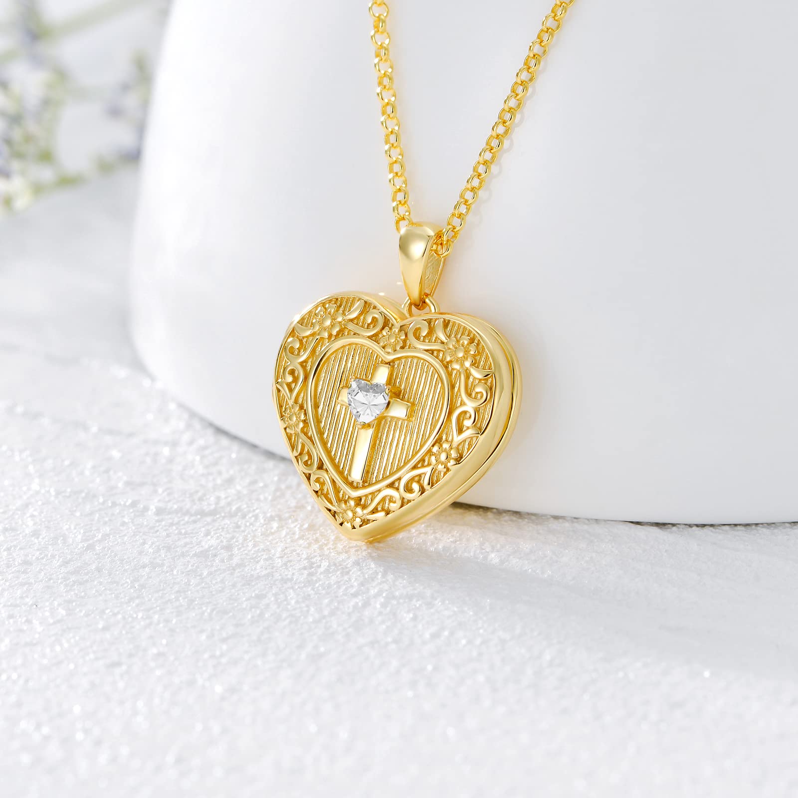 SOULMEET 18K Plated Gold Cross Birthstone April Simulated Crystal Locket Necklace That Holds 1 Picture Photo Locket Gift (Locket only)