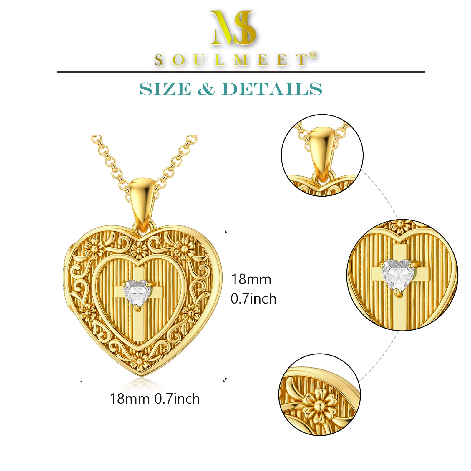 SOULMEET 18K Plated Gold Cross Birthstone April Simulated Crystal Locket Necklace That Holds 1 Picture Photo Locket Gift (Locket only)