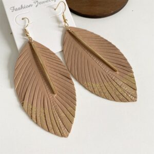 Handmade Bohemian Lightweight Soft Genuine Leather Feather Leaf Dangle Drop Earring Sparkle Real Leather Large Leaf Hook Earrings With Simple Drop Metal Bar for Women Statement Jewelry Gifts (Khaki)