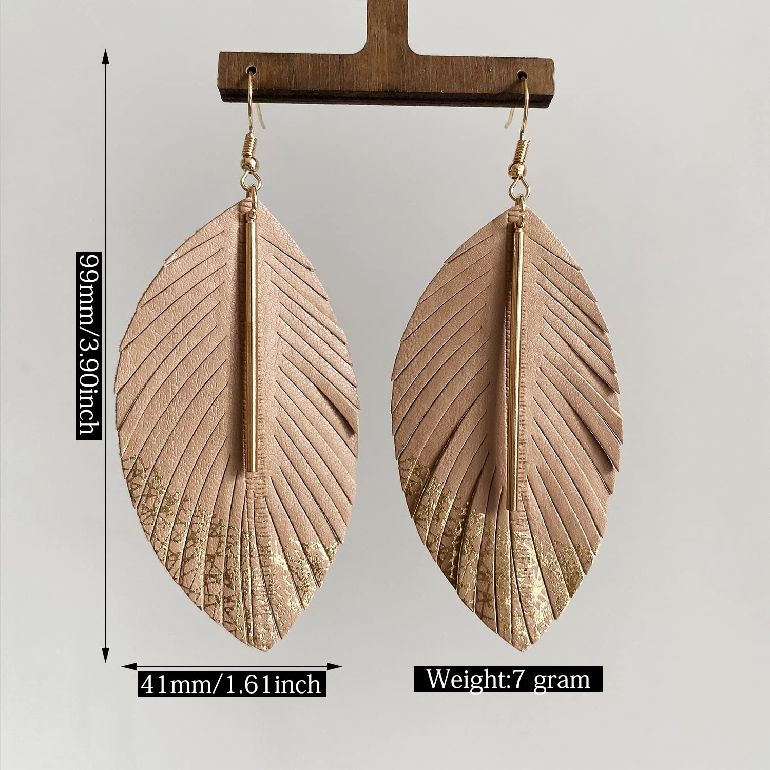 Handmade Bohemian Lightweight Soft Genuine Leather Feather Leaf Dangle Drop Earring Sparkle Real Leather Large Leaf Hook Earrings With Simple Drop Metal Bar for Women Statement Jewelry Gifts (Khaki)