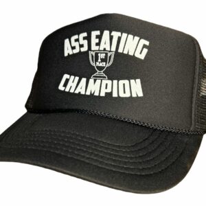 Ass Eating Champion Snapback Trucker Hat for Men or Women, Vintage Fit with Funny Novelty Graphic, Black Custom Mesh Cap