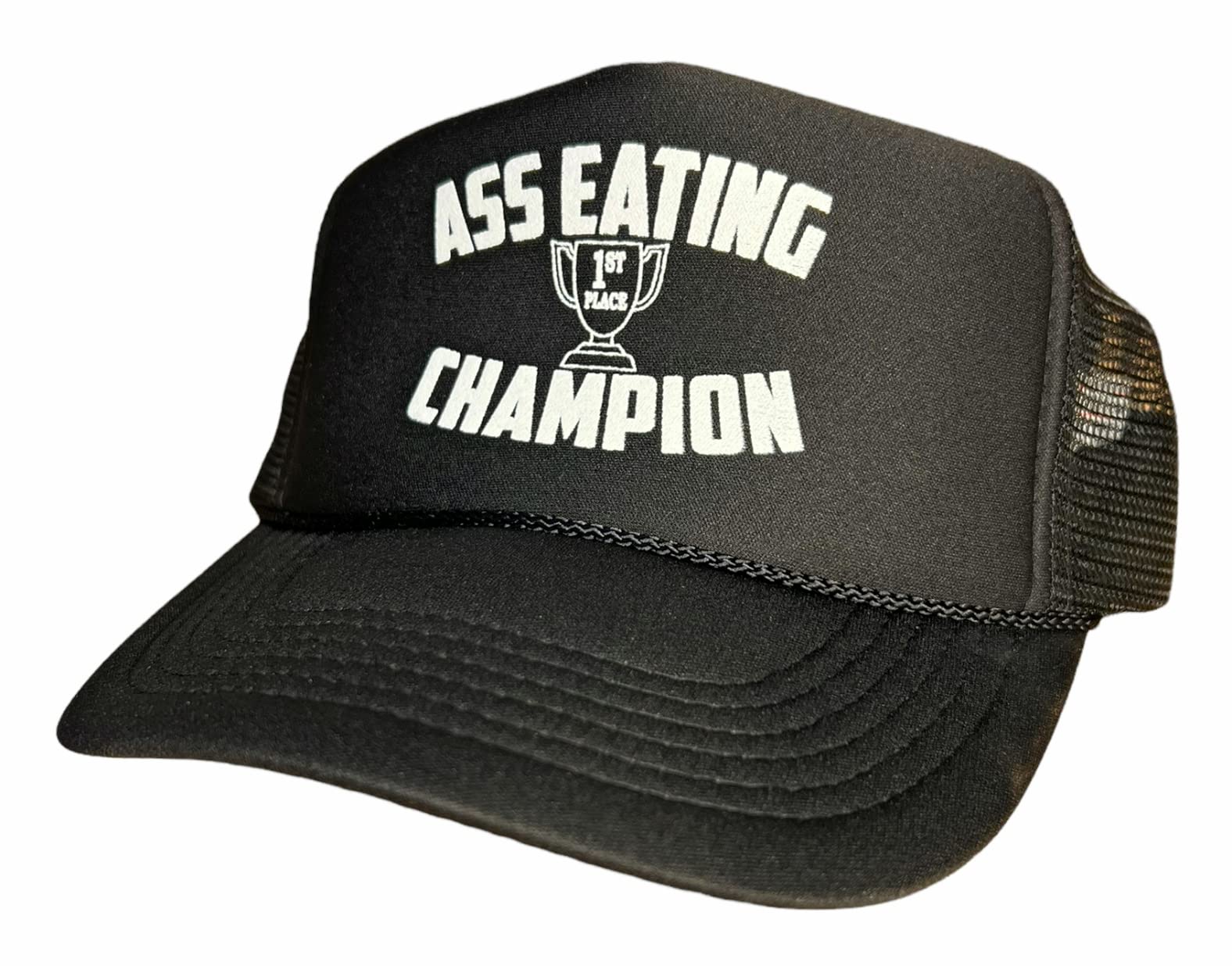 Ass Eating Champion Snapback Trucker Hat for Men or Women, Vintage Fit with Funny Novelty Graphic, Black Custom Mesh Cap