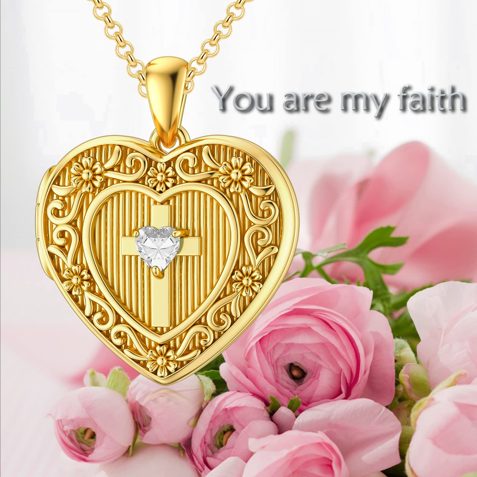 SOULMEET 18K Plated Gold Cross Birthstone April Simulated Crystal Locket Necklace That Holds 1 Picture Photo Locket Gift (Locket only)